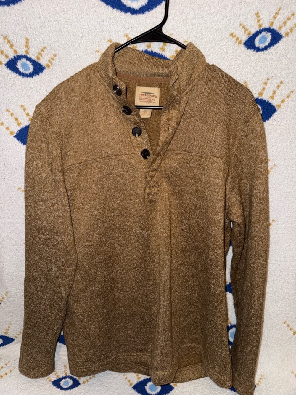 Men's Tan Button-Placket Turtleneck Sweater